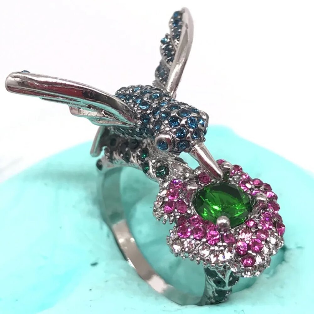 Women's Rhinestone Blue Hummingbird Ring - Picture 1 of 5